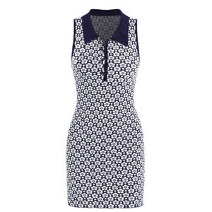 Cider Retro 90s Knit Floral‎ Print Twee Preppy Sleeveless Navy Rib Polo Dress MD
